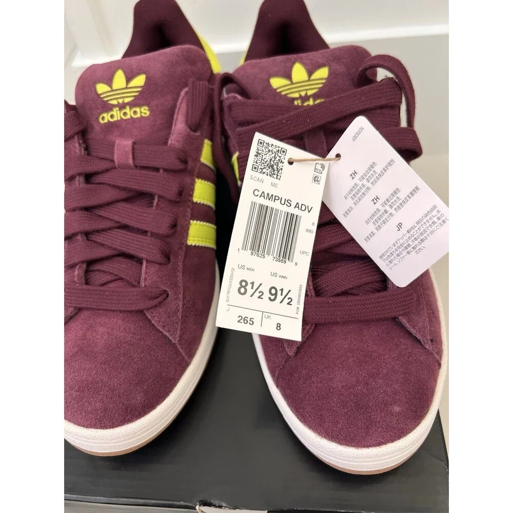 Adidas Campus ADV Maroon Yellow Skate Sneakers NEW JQ2099 Men 8.5 Women 9.5